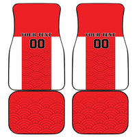 Four red mats with white text area and wave pattern, rounded corners, black borders.