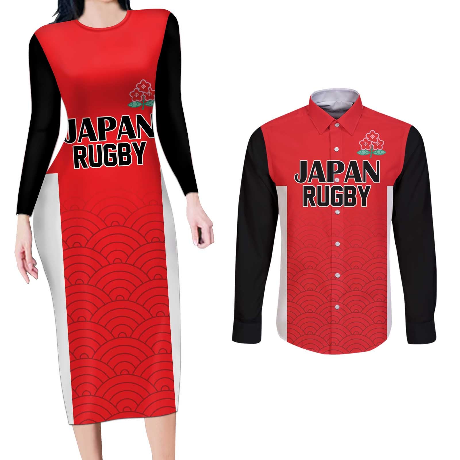 Custom Japan Rugby Couples Matching Long Sleeve Bodycon Dress and Long Sleeve Button Shirt Seamless Japanese Waves Pattern - Wonder Print Shop