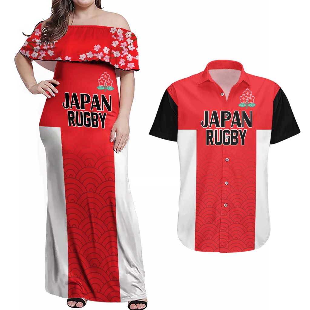 Custom Japan Rugby Couples Matching Off Shoulder Maxi Dress and Hawaiian Shirt Seamless Japanese Waves Pattern - Wonder Print Shop