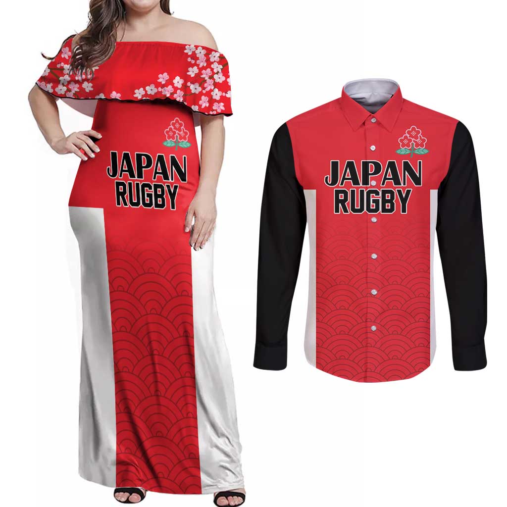 Custom Japan Rugby Couples Matching Off Shoulder Maxi Dress and Long Sleeve Button Shirt Seamless Japanese Waves Pattern - Wonder Print Shop