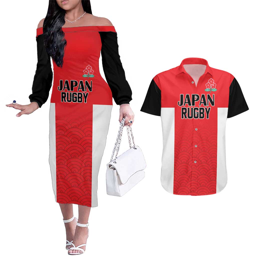 Custom Japan Rugby Couples Matching Off The Shoulder Long Sleeve Dress and Hawaiian Shirt Seamless Japanese Waves Pattern - Wonder Print Shop