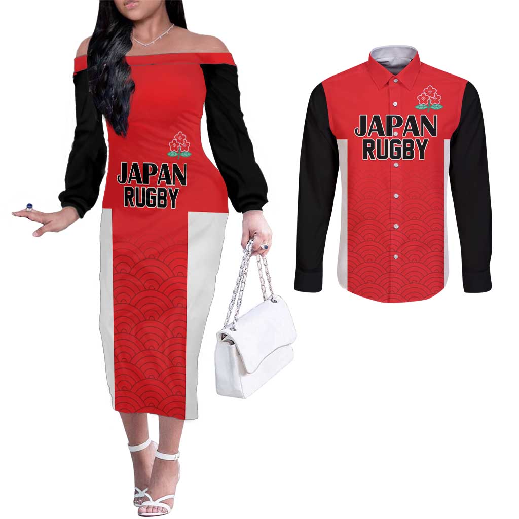 Custom Japan Rugby Couples Matching Off The Shoulder Long Sleeve Dress and Long Sleeve Button Shirt Seamless Japanese Waves Pattern