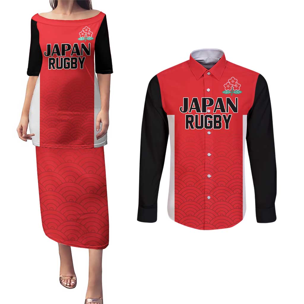 Custom Japan Rugby Couples Matching Puletasi and Long Sleeve Button Shirt Seamless Japanese Waves Pattern - Wonder Print Shop