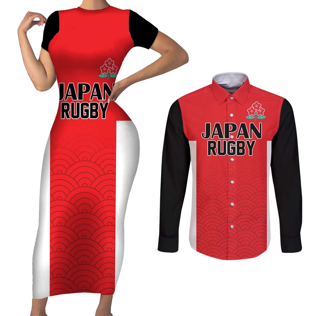 Custom Japan Rugby Couples Matching Short Sleeve Bodycon Dress and Long Sleeve Button Shirt Seamless Japanese Waves Pattern - Wonder Print Shop