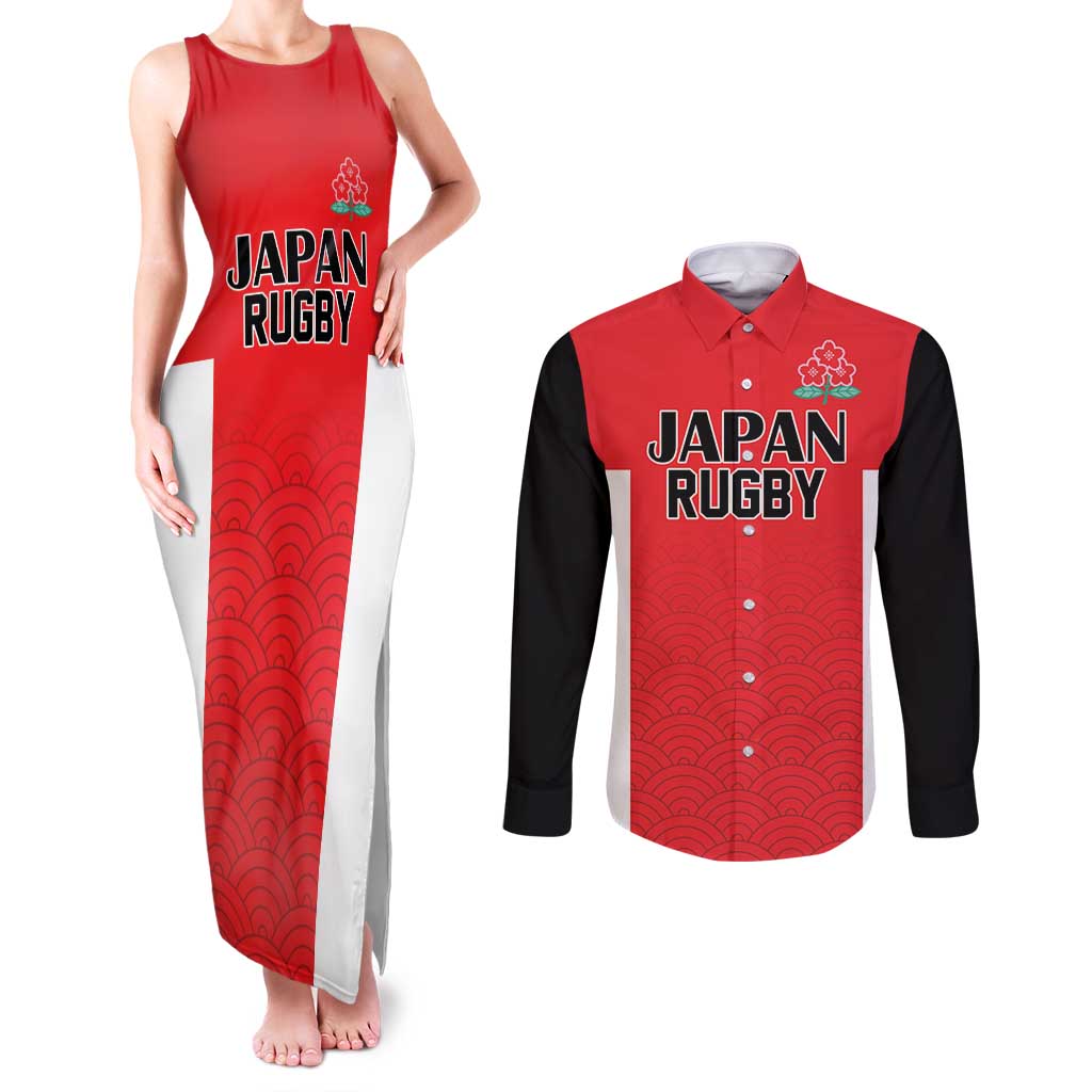 Custom Japan Rugby Couples Matching Tank Maxi Dress and Long Sleeve Button Shirt Seamless Japanese Waves Pattern - Wonder Print Shop