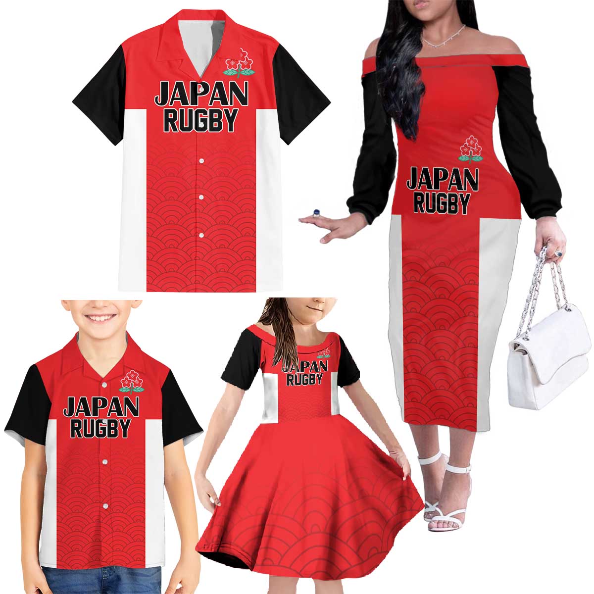 Custom Japan Rugby Family Matching Off The Shoulder Long Sleeve Dress and Hawaiian Shirt Seamless Japanese Waves Pattern - Wonder Print Shop