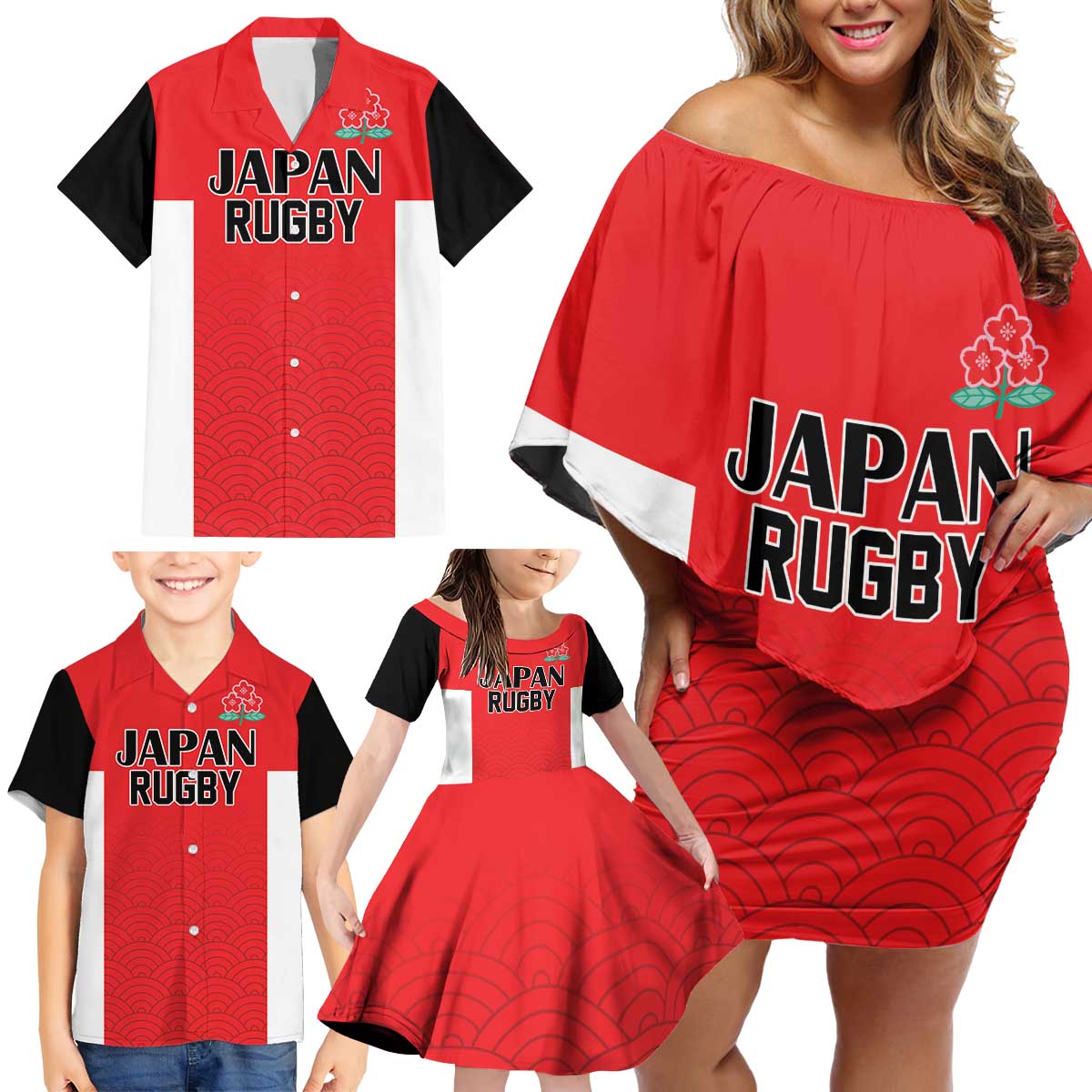 Custom Japan Rugby Family Matching Off Shoulder Short Dress and Hawaiian Shirt Seamless Japanese Waves Pattern - Wonder Print Shop