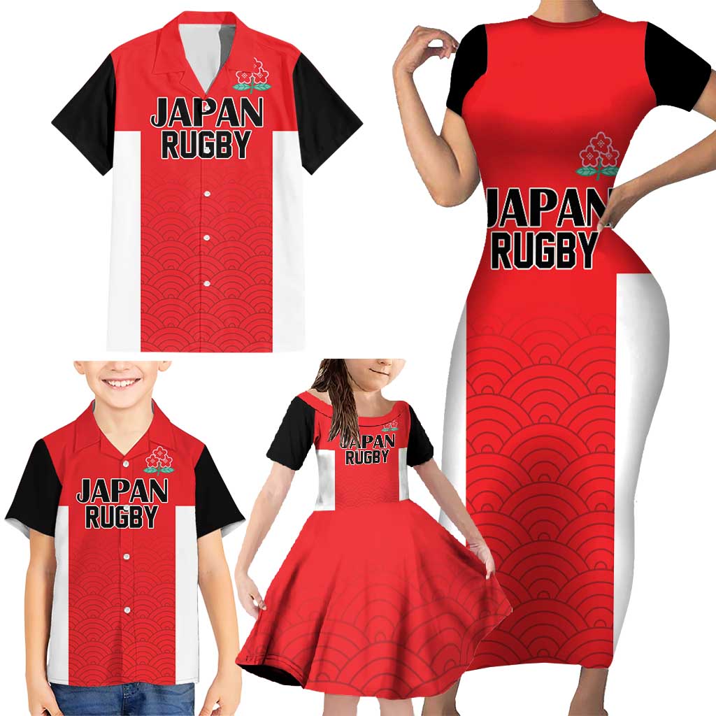 Custom Japan Rugby Family Matching Short Sleeve Bodycon Dress and Hawaiian Shirt Seamless Japanese Waves Pattern - Wonder Print Shop