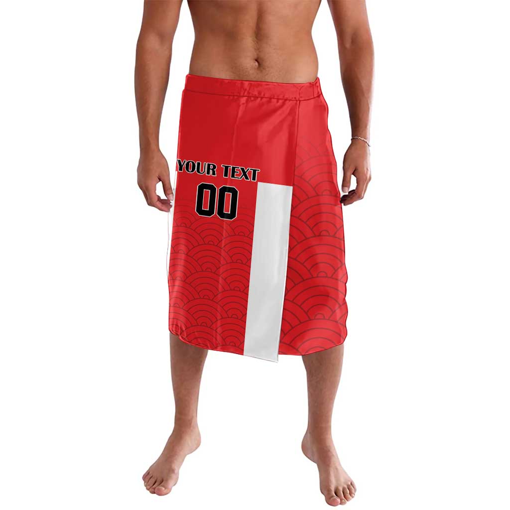 Red wave-pattern swim shorts with elastic waistband and front custom text panel