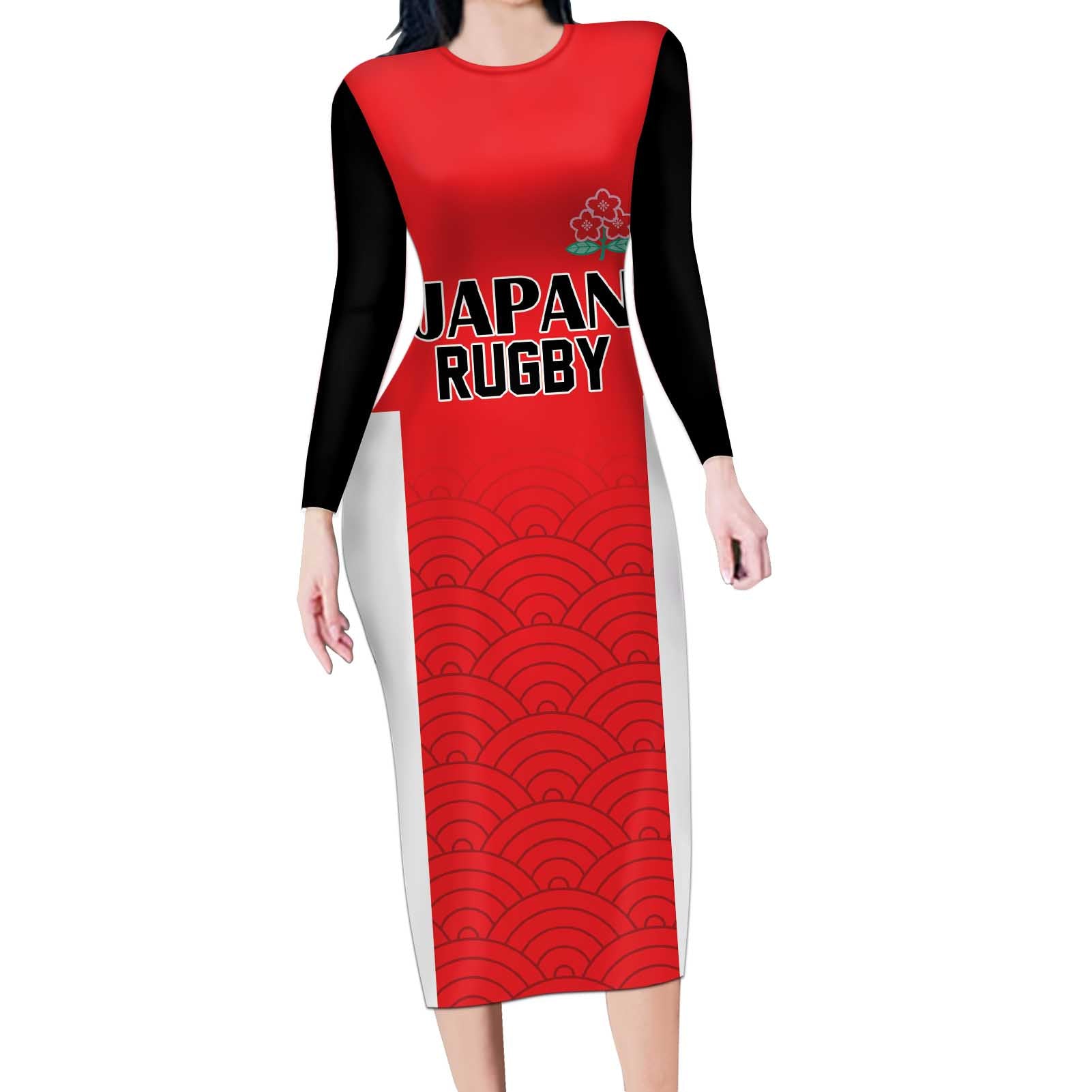 Custom Japan Rugby Long Sleeve Bodycon Dress Seamless Japanese Waves Pattern - Wonder Print Shop