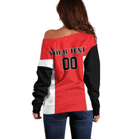 Women’s off-shoulder rugby sweater with red wave panel and custom back text, black sleeves
