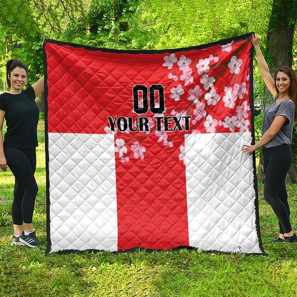 Red and white quilt with quilted texture, Japanese waves, cherry blossoms, custom text