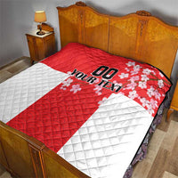 Red and white quilt on a bed, quilted texture, Japanese waves, cherry blossoms, custom text