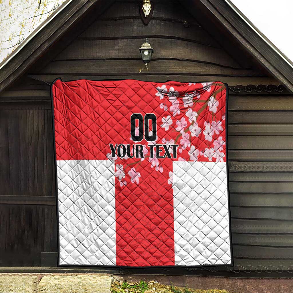 Red and white quilt with quilted diamond stitching, Japanese waves, cherry blossoms, custom text