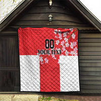Red and white quilt with quilted diamond stitching, Japanese waves, cherry blossoms, custom text