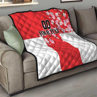 Red and white quilt on couch, quilted texture, Japanese waves and cherry blossoms, custom text