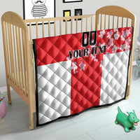 Red and white baby quilt, quilted diamond stitching, Japanese waves and cherry blossoms, custom text