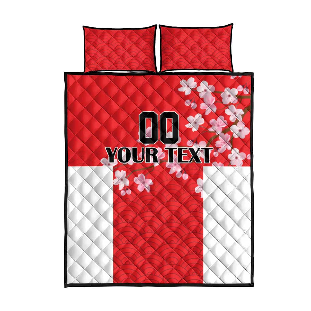 Red and white quilt bed set flat lay with Your Text, floral print, two pillows