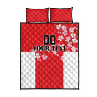 Red and white quilt bed set flat lay with Your Text, floral print, two pillows
