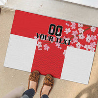 Red and white doormat with cherry blossoms and wave pattern, custom text area