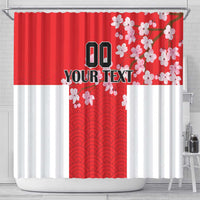 Red shower curtain panel with cherry blossoms and wave pattern; centered "YOUR TEXT"
