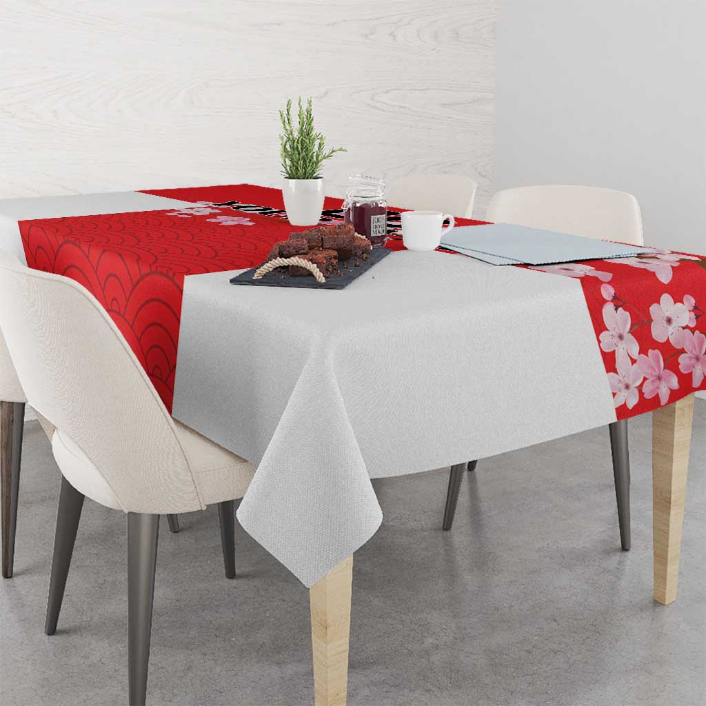 Red Japanese waves tablecloth with blossom border and centered panel