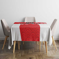 Red Japanese waves tablecloth runner with blossom accents on tabletop