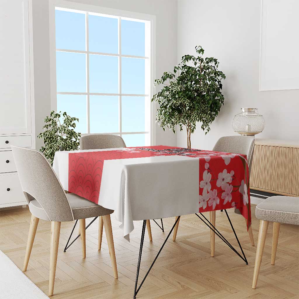 Red Japanese waves tablecloth with blossom corner design on dining table