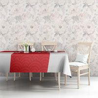 Red Japanese waves tablecloth with cherry blossom accents on tabletop