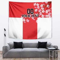 Red and white wall tapestry with cherry blossoms and wave pattern, centered vertical panel