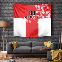Red and white tapestry with cherry blossoms over a red wave pattern and vertical center panel