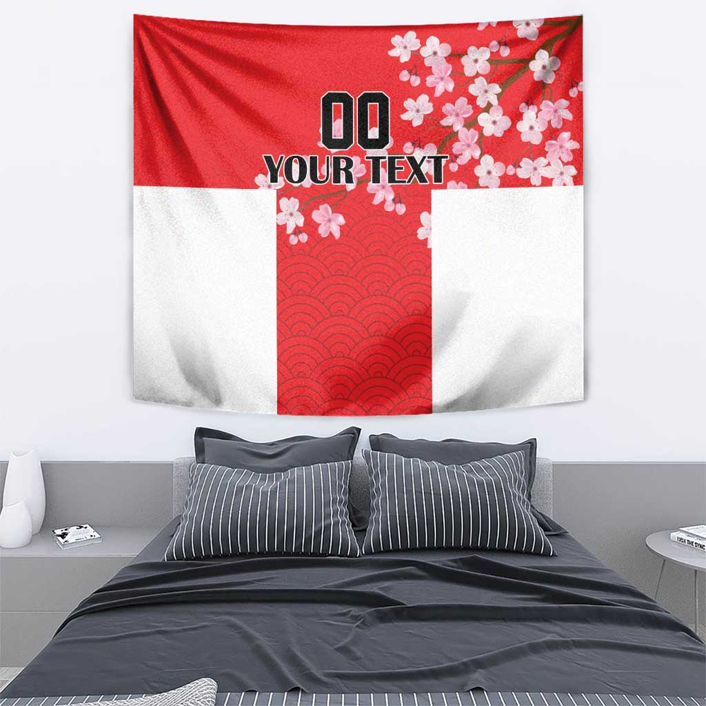 Red and white wall tapestry featuring cherry blossoms and layered wave design in the center