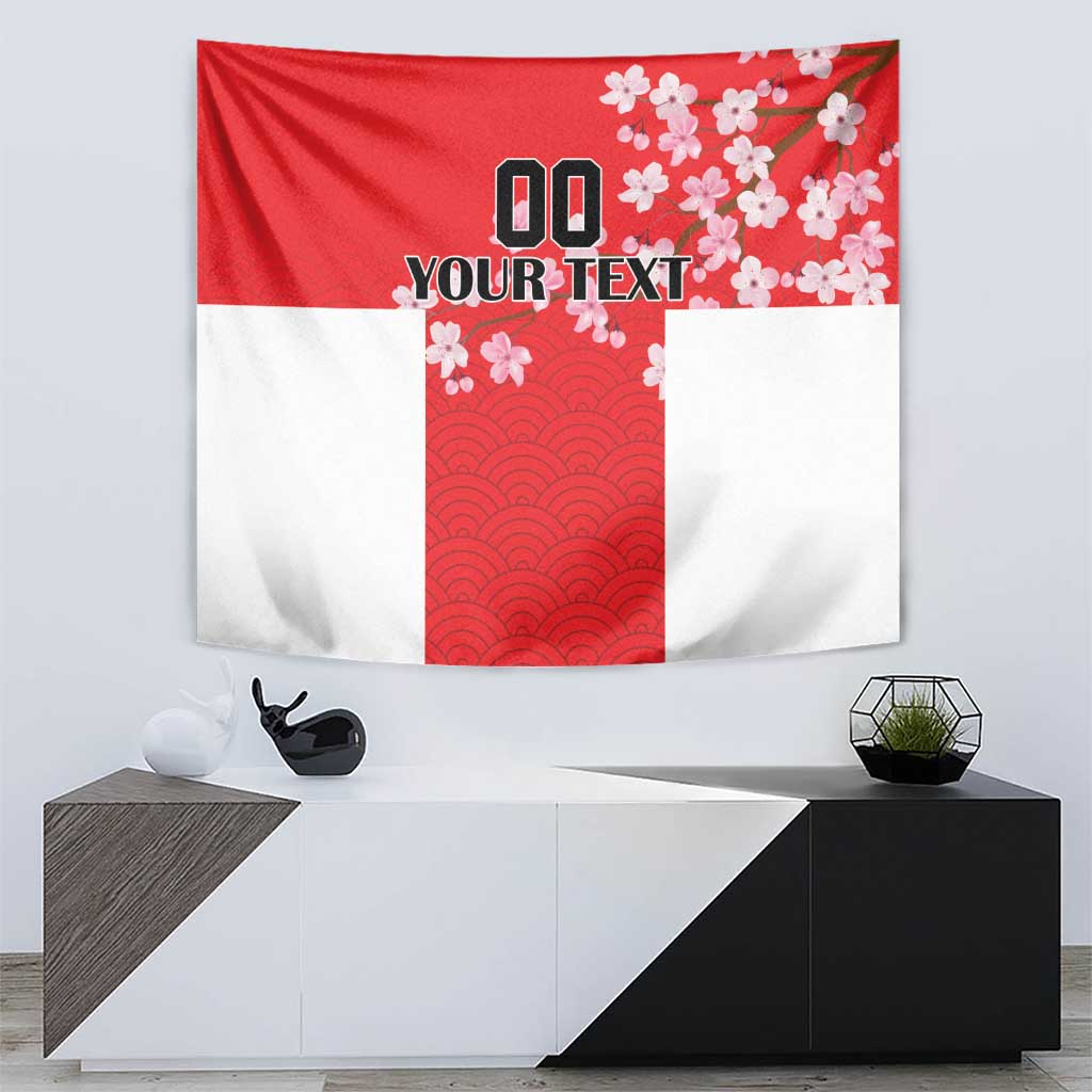 Red and white tapestry with cherry blossoms and red wave pattern, bold placeholder text area