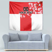 Red and white wall tapestry with cherry blossoms and red wave stripes, vertical center panel