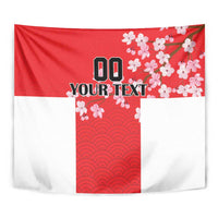 Red and white tapestry with cherry blossoms, red wave pattern, and '00 YOUR TEXT' placeholder