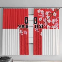 Custom red and white Japanese wave and cherry blossom window curtains, two-panel set.