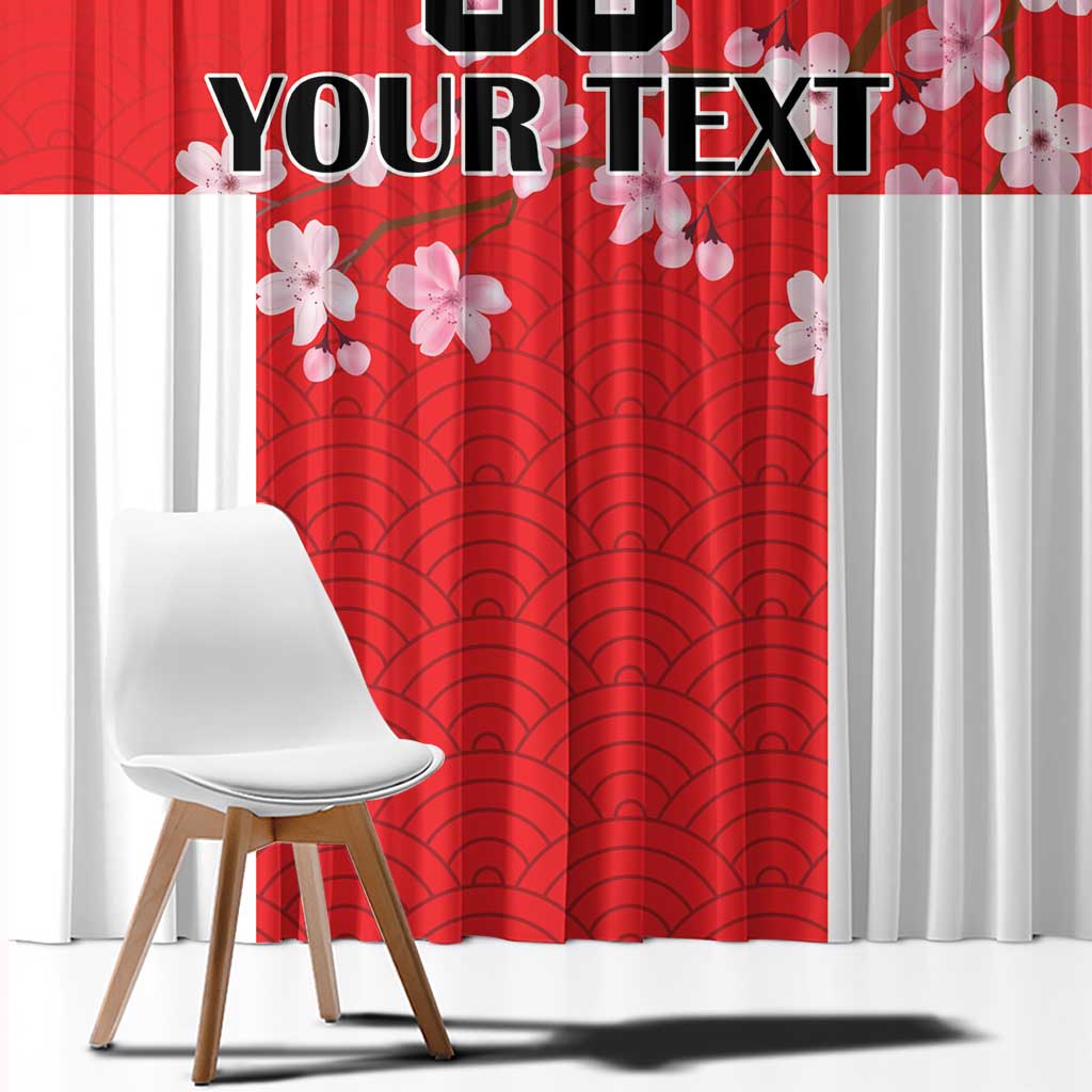Custom red and white Japanese wave-pattern window curtain panel with cherry blossoms.