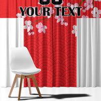 Custom red and white Japanese wave-pattern window curtain panel with cherry blossoms.