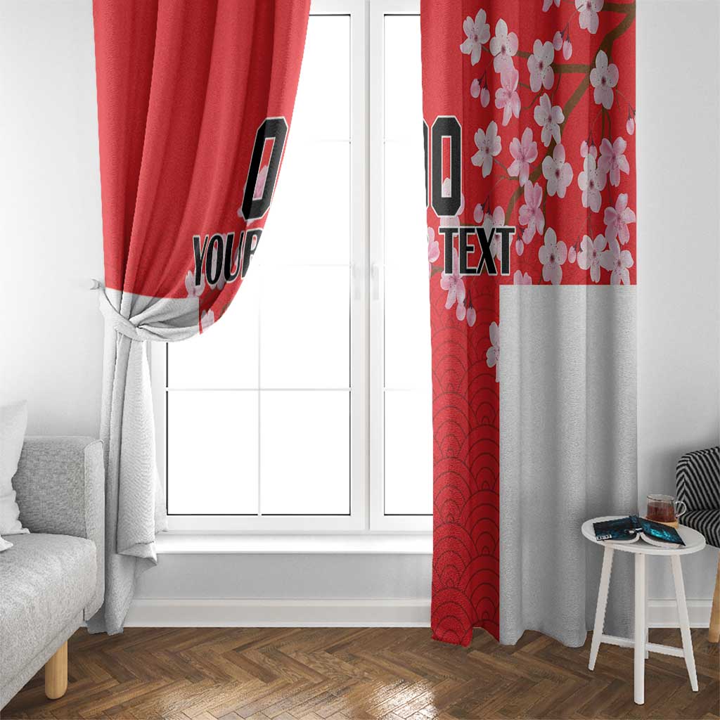 Custom red and white wave-pattern Japanese window curtain with floral panel detail.
