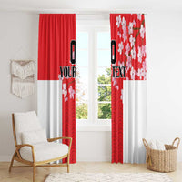 Custom red and white Japanese wave and cherry blossom window curtains, floor-length panels.