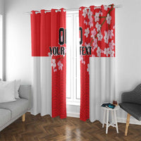 Custom red and white Japanese wave and cherry blossom window curtains, pairs with tie-like tops.