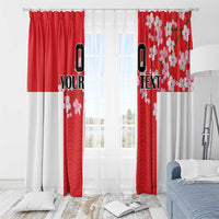 Custom red and white Japanese wave and cherry blossom window curtains with hanging header.