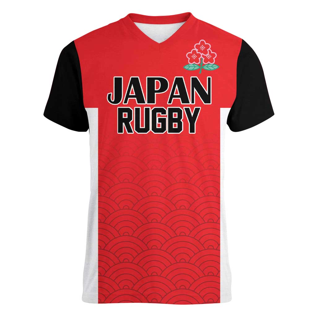 Custom Japan Rugby Women V-Neck T-Shirt Seamless Japanese Waves Pattern - Wonder Print Shop