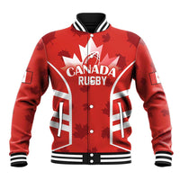 Red Canada Rugby baseball jacket, front button placket with white stripes and maple leaf graphics