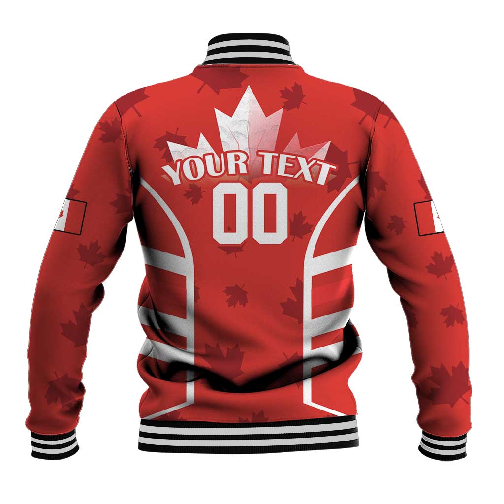 Red baseball jacket back with white stripes, 'YOUR TEXT' 00 print, maple leaf graphics