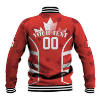 Red baseball jacket back with white stripes, 'YOUR TEXT' 00 print, maple leaf graphics