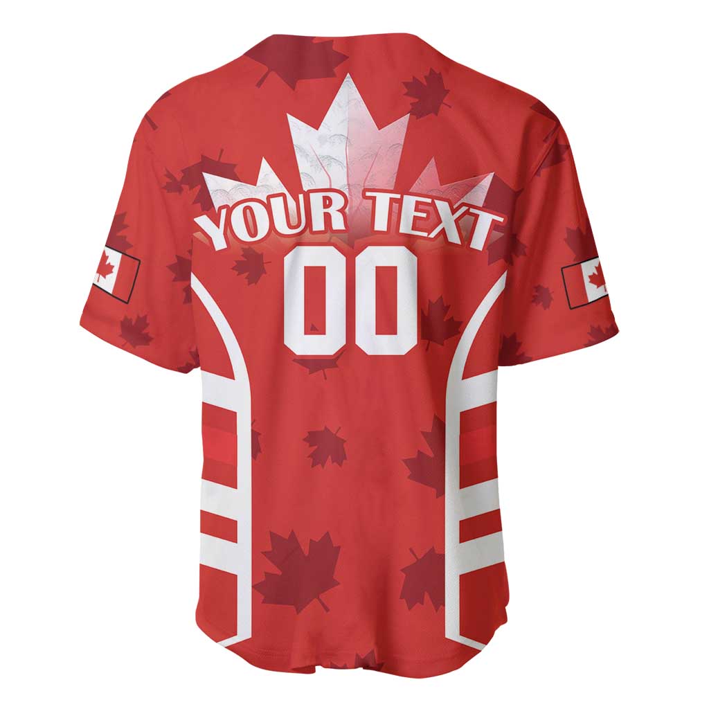Red rugby baseball jersey with white V collar, maple leaf pattern, custom text 'YOUR TEXT 00'