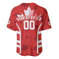 Red rugby baseball jersey with white V collar, maple leaf pattern, custom text 'YOUR TEXT 00'