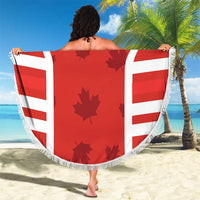 Red round beach blanket with '00 YOUR TEXT', white stripe arches, and fringed edge