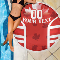 Round red beach blanket over a swimsuit, '00 YOUR TEXT' graphic with fringed edge